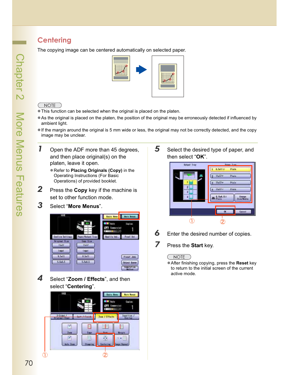 Chapter 2 more menus features, Centering | Panasonic WORKIO C213 User Manual | Page 70 / 98