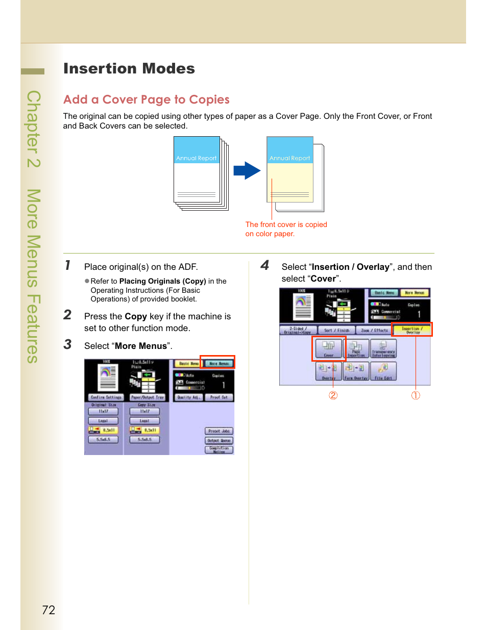 Chapter 2 more menus features, Insertion modes | Panasonic WORKIO C213 User Manual | Page 72 / 98