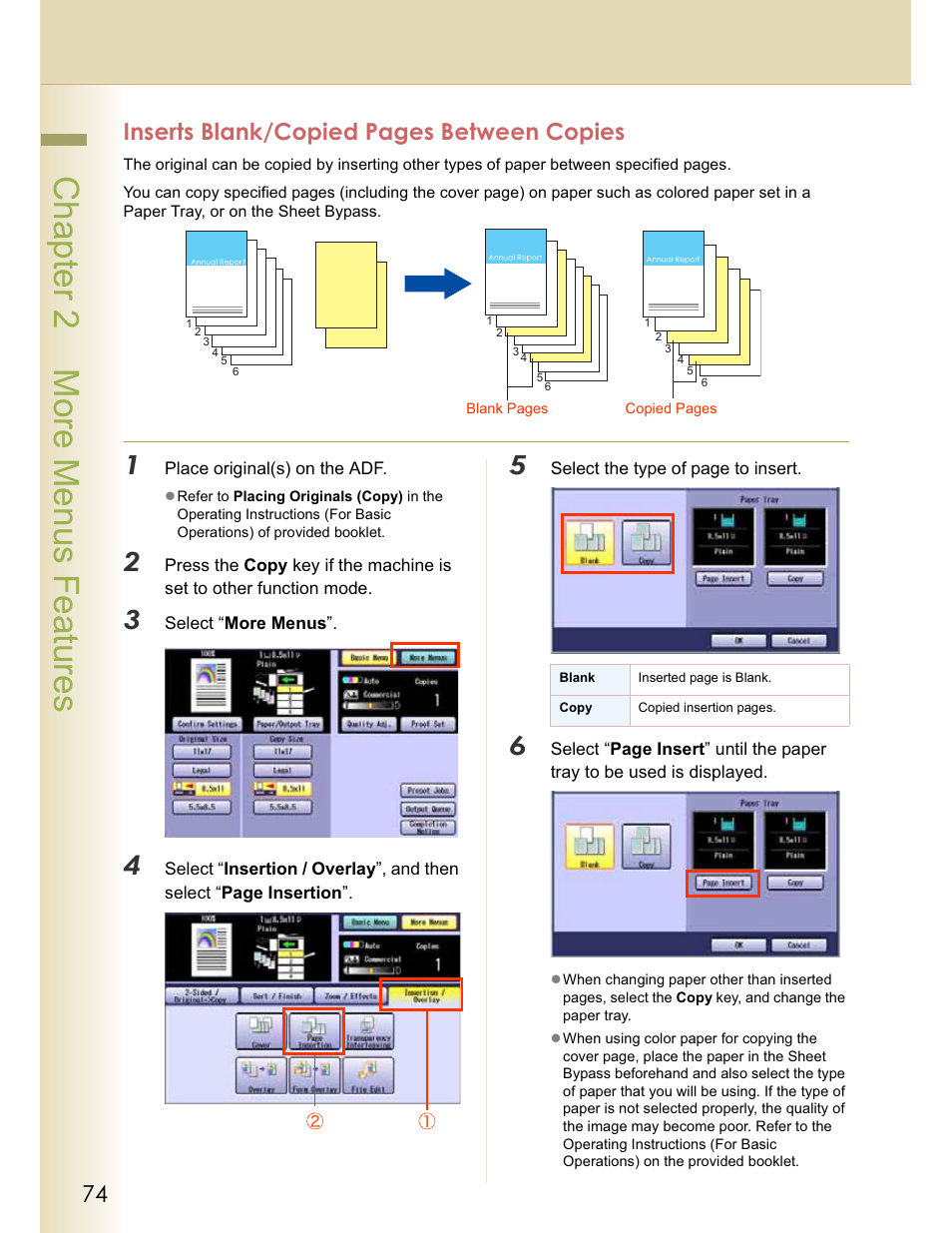 Chapter 2 more menus features, Inserts blank/copied pages between copies | Panasonic WORKIO C213 User Manual | Page 74 / 98