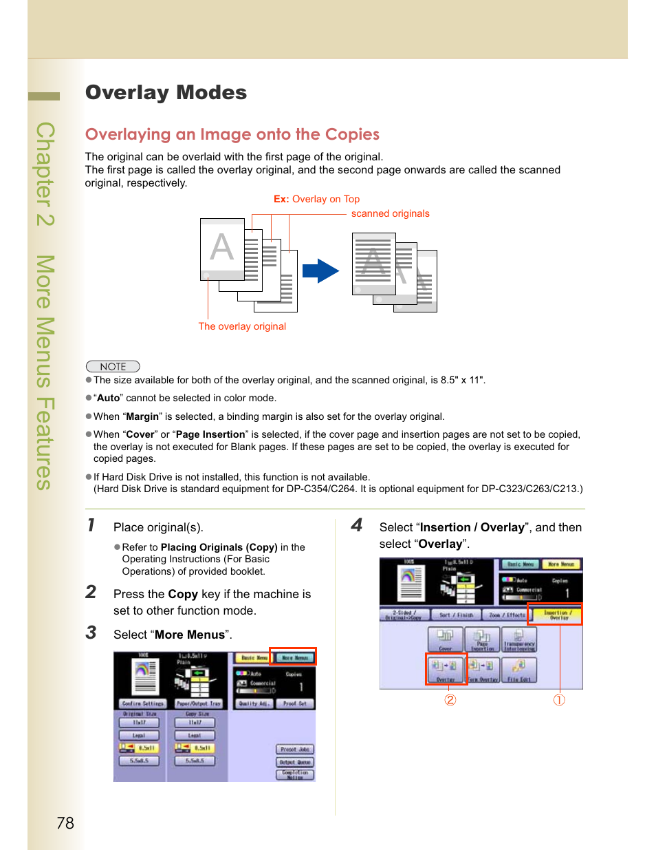 Chapter 2 more menus features, Overlay modes, Overlaying an image onto the copies | Panasonic WORKIO C213 User Manual | Page 78 / 98