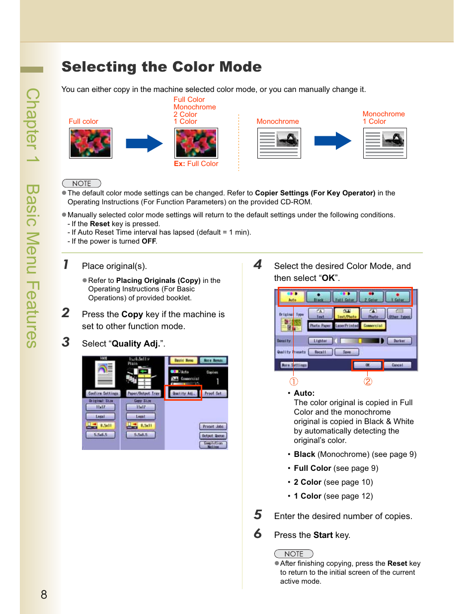 Chapter 1 basic menu features, Selecting the color mode | Panasonic WORKIO C213 User Manual | Page 8 / 98