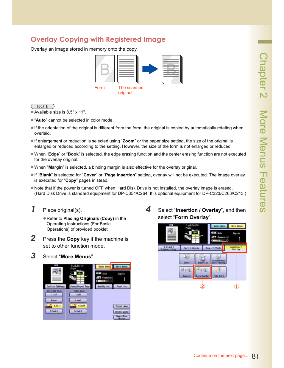 Chapter 2 more menus features, Overlay copying with registered image | Panasonic WORKIO C213 User Manual | Page 81 / 98