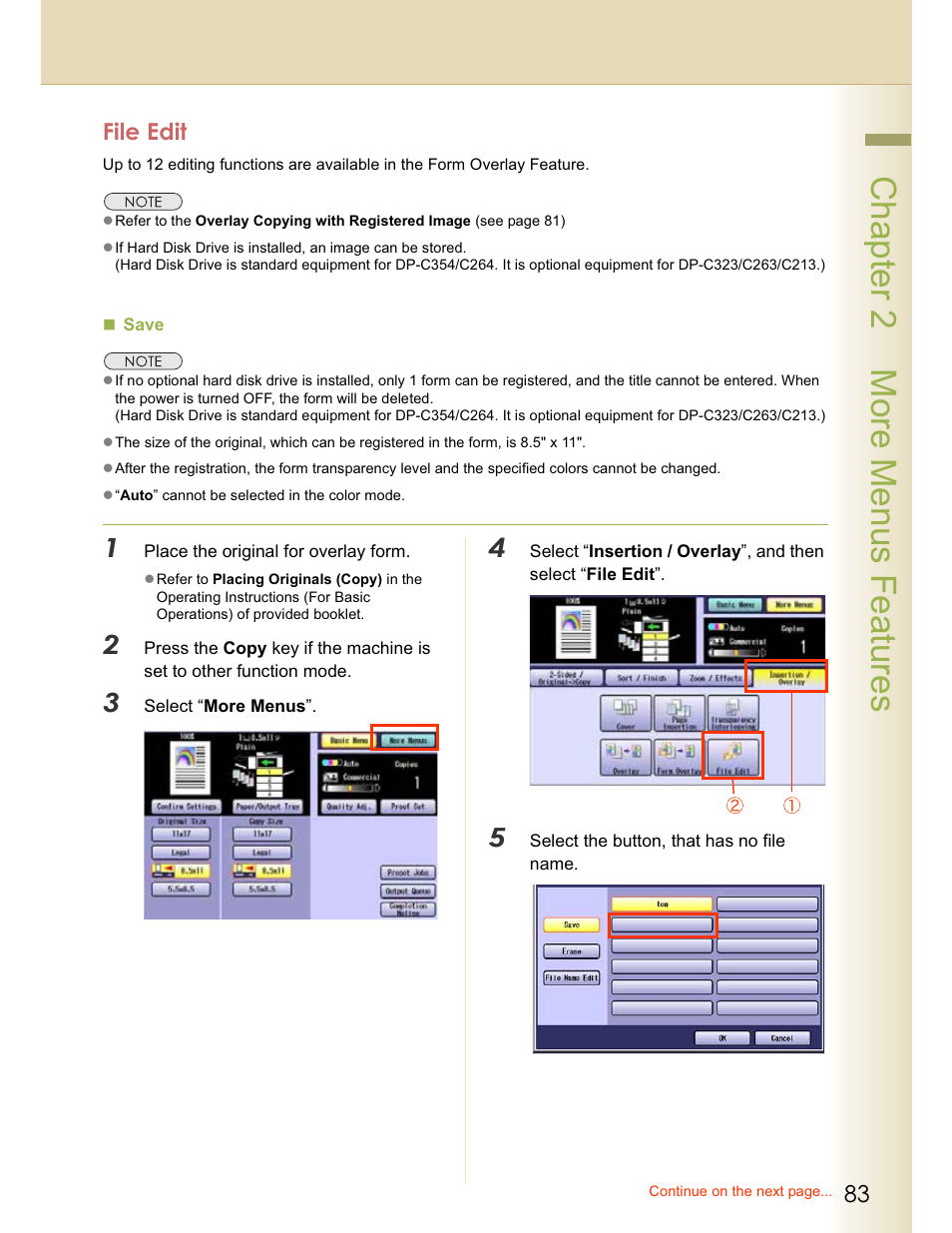 Chapter 2 more menus features, File edit | Panasonic WORKIO C213 User Manual | Page 83 / 98