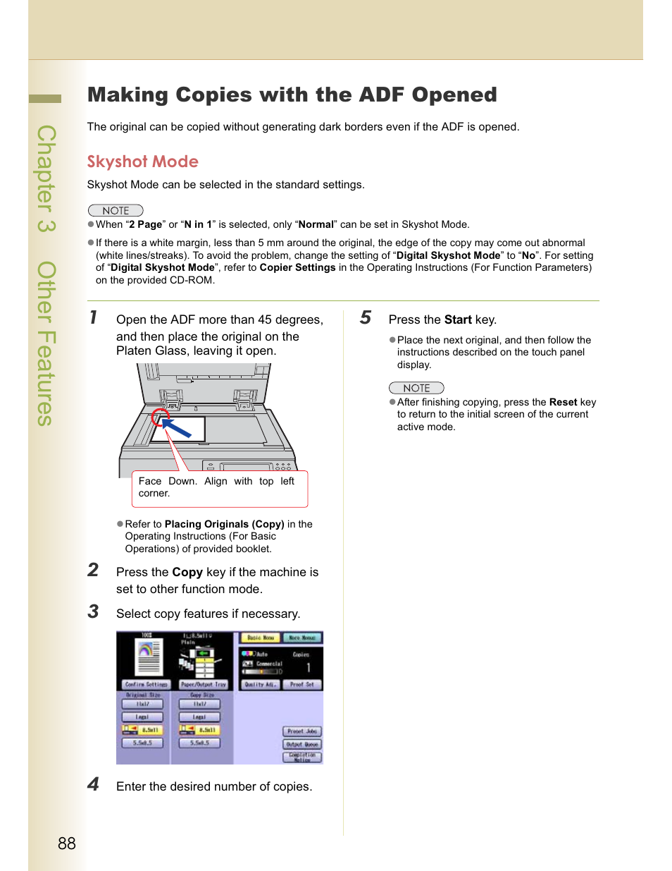Chapter 3 other features, Making copies with the adf opened, Skyshot mode | Panasonic WORKIO C213 User Manual | Page 88 / 98