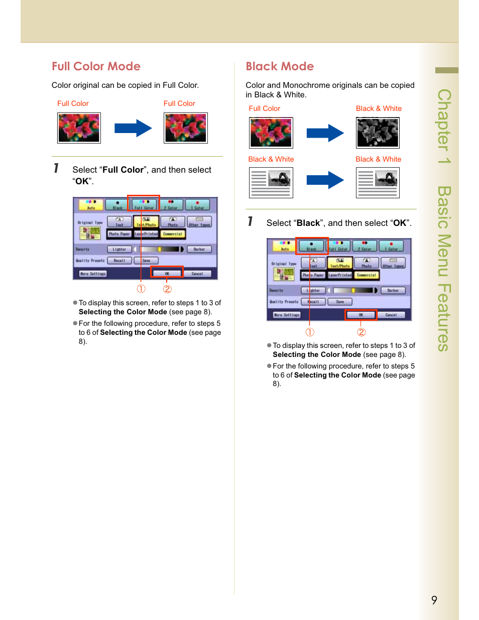 Chapter 1 basic menu features, Full color mode, Black mode | Panasonic WORKIO C213 User Manual | Page 9 / 98