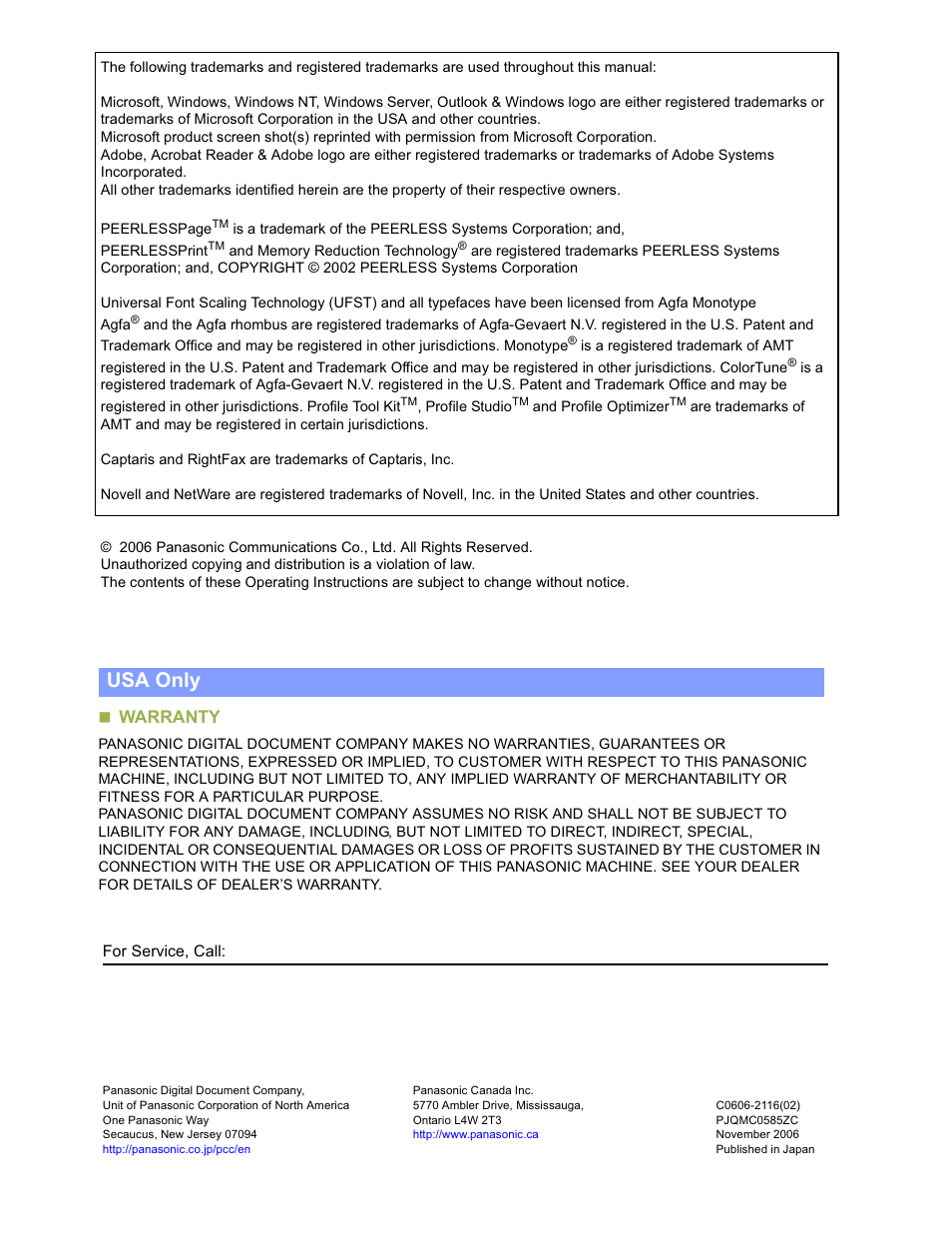 Usa only, Warranty | Panasonic WORKIO C213 User Manual | Page 98 / 98