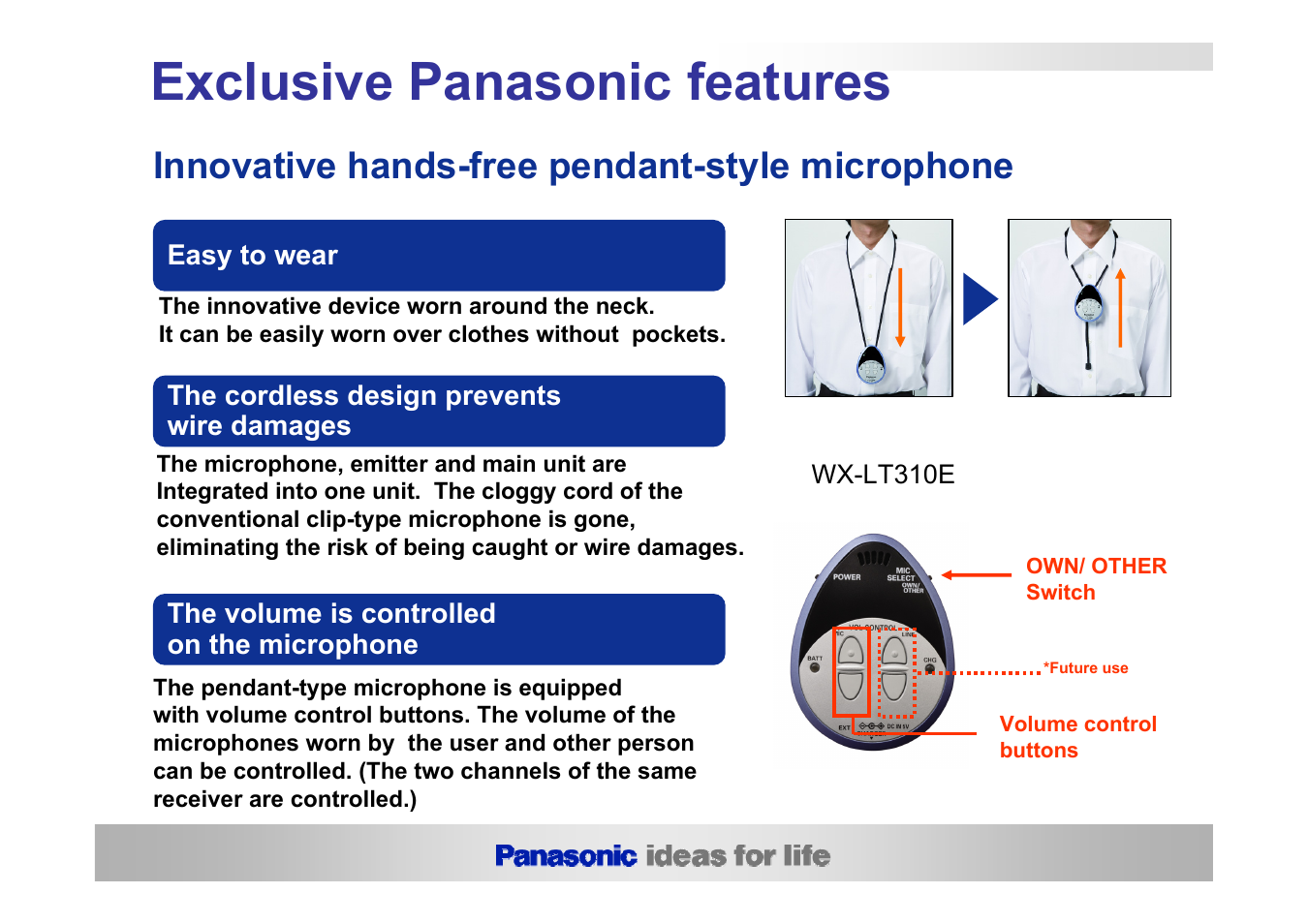 Exclusive panasonic features, Innovative hands-free pendant-style microphone | Panasonic WX-LS100E User Manual | Page 5 / 20