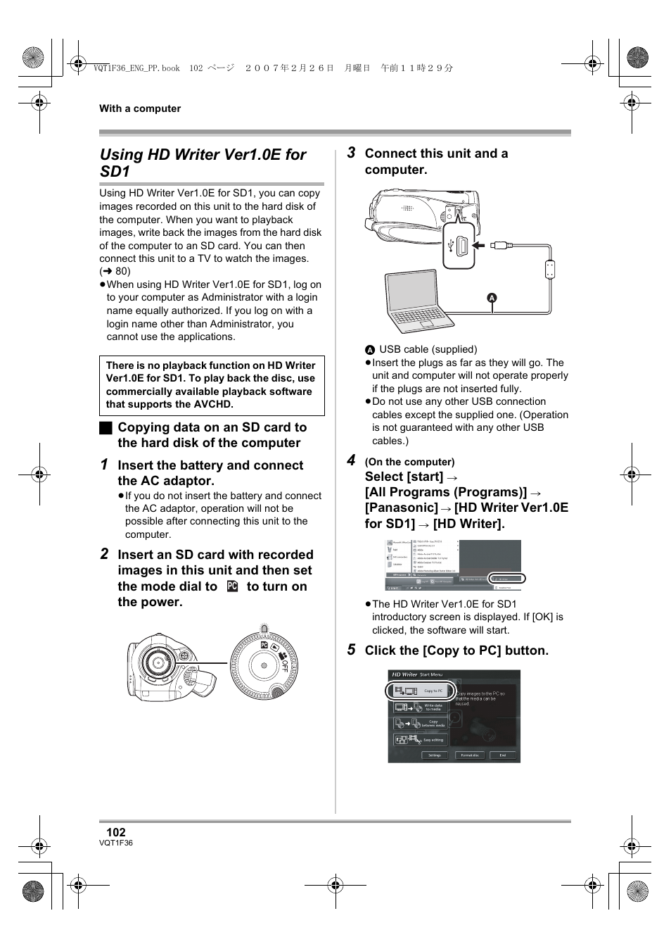 Using hd writer ver1.0e for sd1, L 102, L 102)) | Panasonic AG-HSC1UP User Manual | Page 102 / 140