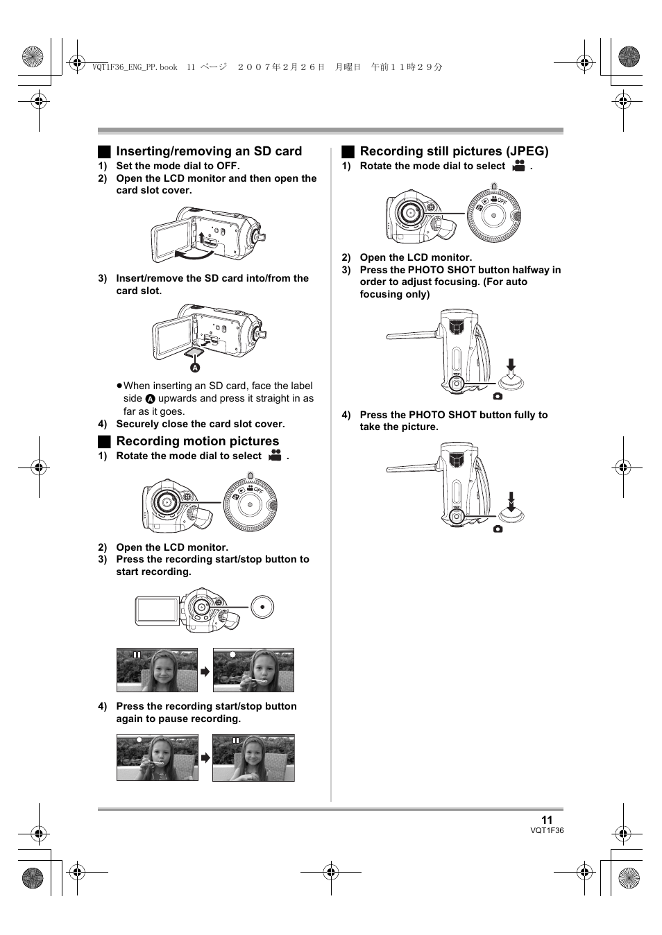ª inserting/removing an sd card, ª recording motion pictures, ª recording still pictures (jpeg) | Panasonic AG-HSC1UP User Manual | Page 11 / 140