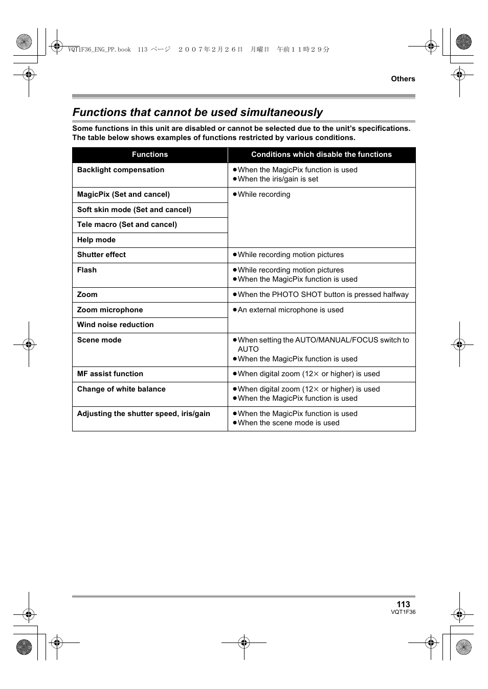 Functions that cannot be used, Simultaneously, Functions that cannot be used simultaneously | Panasonic AG-HSC1UP User Manual | Page 113 / 140