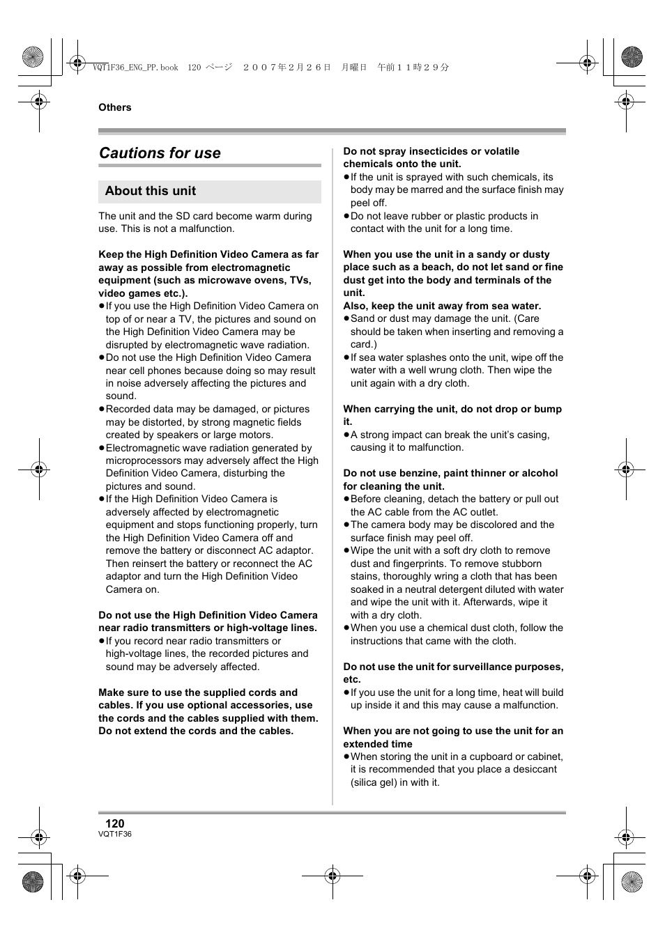 Cautions for use, About this unit | Panasonic AG-HSC1UP User Manual | Page 120 / 140