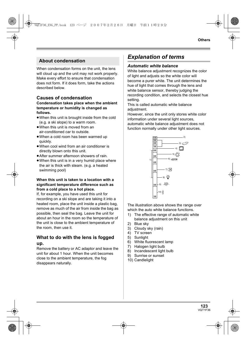 Explanation of terms, L 123), Causes of condensation | What to do with the lens is fogged up, About condensation, Automatic white balance | Panasonic AG-HSC1UP User Manual | Page 123 / 140
