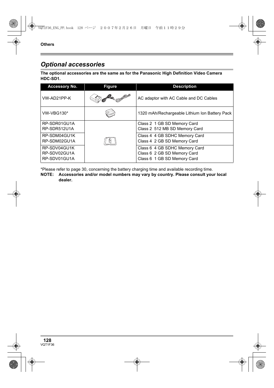 Optional accessories | Panasonic AG-HSC1UP User Manual | Page 128 / 140