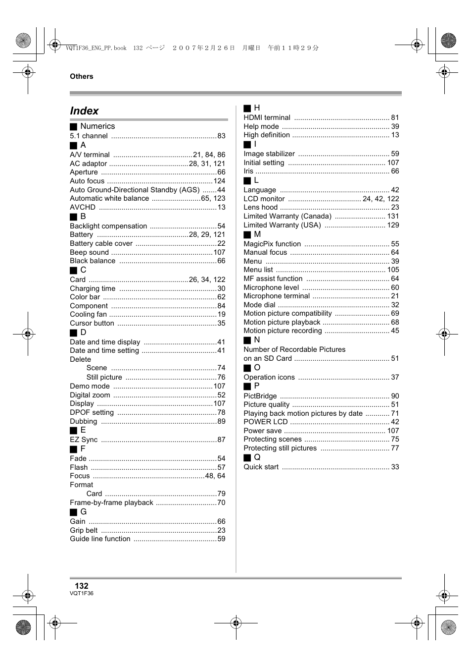 Index | Panasonic AG-HSC1UP User Manual | Page 132 / 140