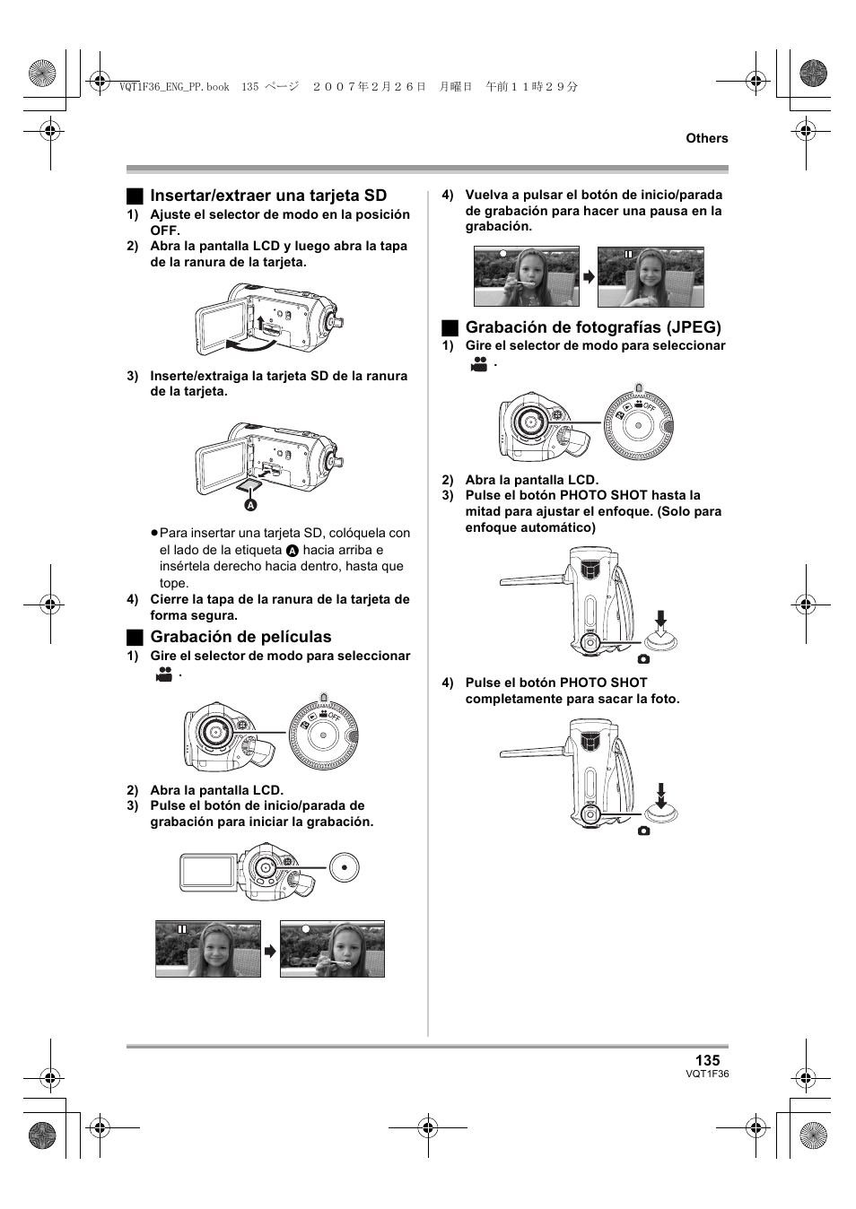 ª insertar/extraer una tarjeta sd, ª grabación de películas, ª grabación de fotografías (jpeg) | Panasonic AG-HSC1UP User Manual | Page 135 / 140