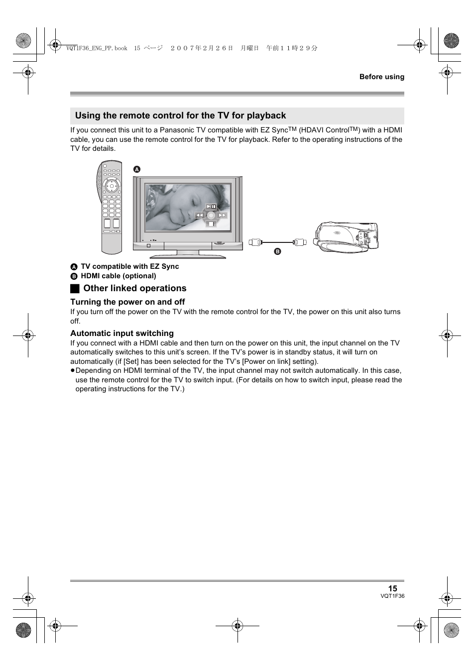ª other linked operations, Using the remote control for the tv for playback | Panasonic AG-HSC1UP User Manual | Page 15 / 140