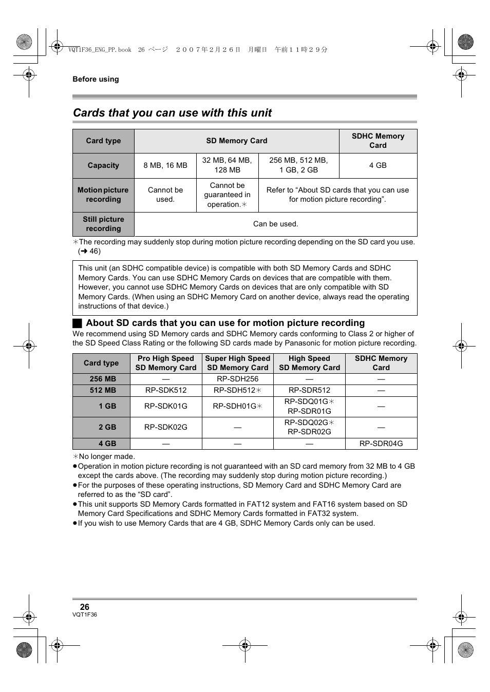 Cards that you can use, With this unit, Cards that you can use with this unit | Panasonic AG-HSC1UP User Manual | Page 26 / 140
