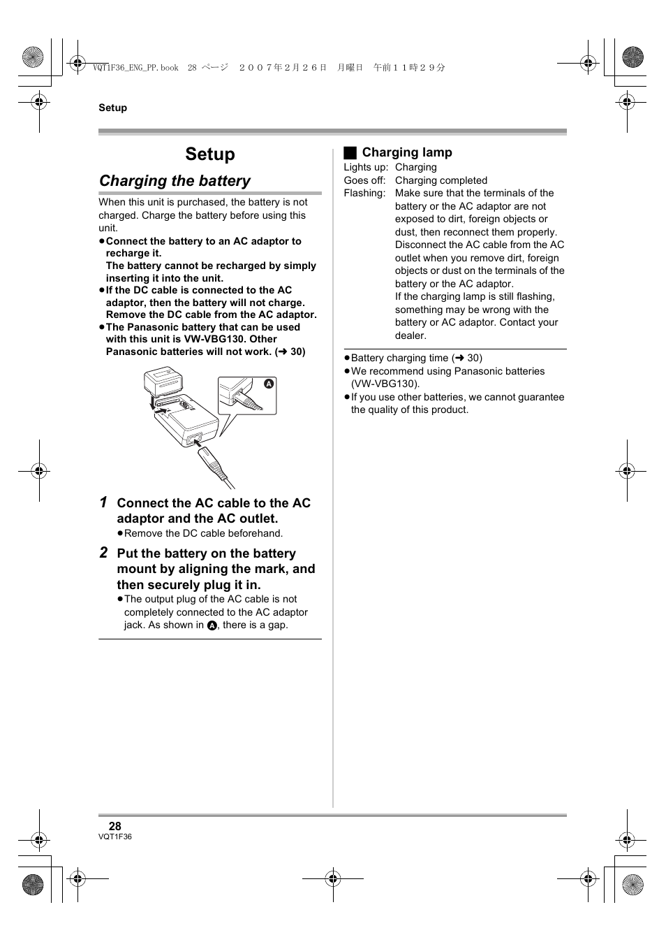 Setup, Charging the battery | Panasonic AG-HSC1UP User Manual | Page 28 / 140
