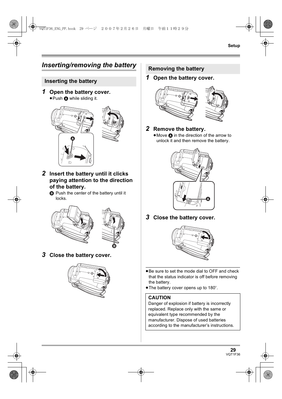 Inserting/removing the battery, L 29), Inserting/removing the battery 1 | Panasonic AG-HSC1UP User Manual | Page 29 / 140