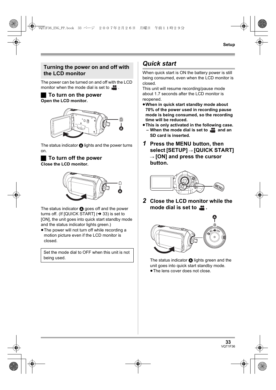 Quick start | Panasonic AG-HSC1UP User Manual | Page 33 / 140