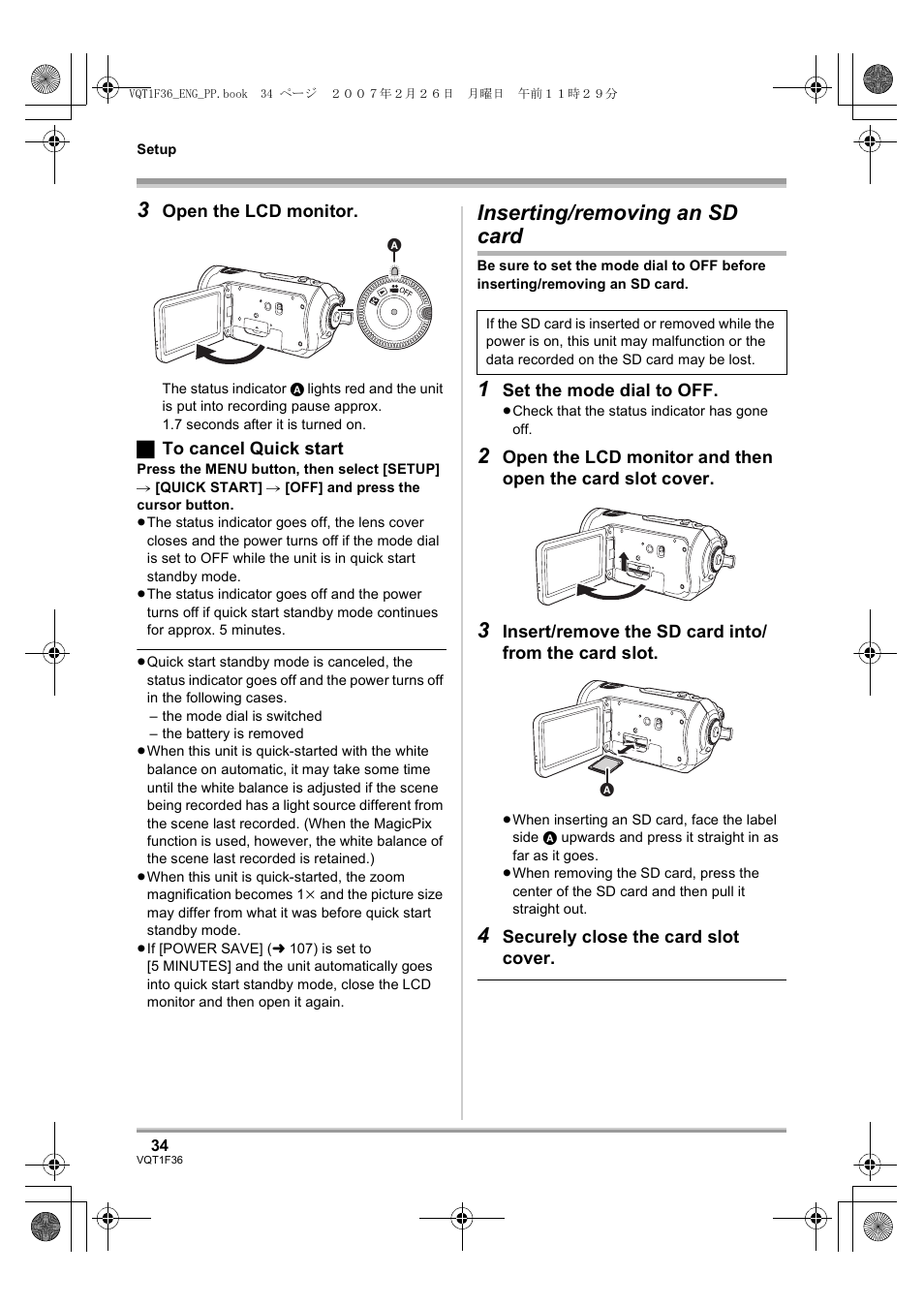 Inserting/removing an sd card, L 34) | Panasonic AG-HSC1UP User Manual | Page 34 / 140