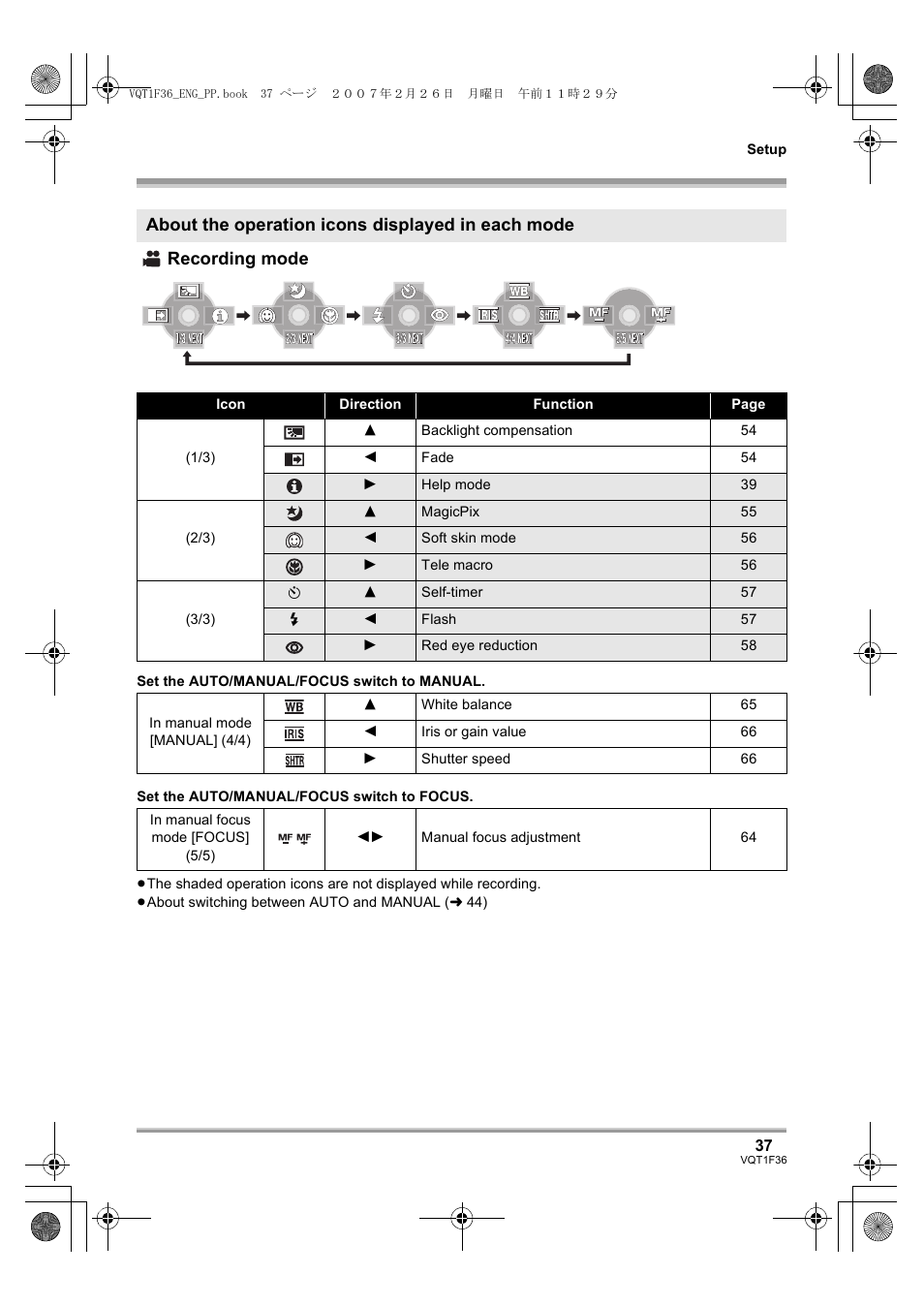 Recording mode, About the operation icons displayed in each mode | Panasonic AG-HSC1UP User Manual | Page 37 / 140