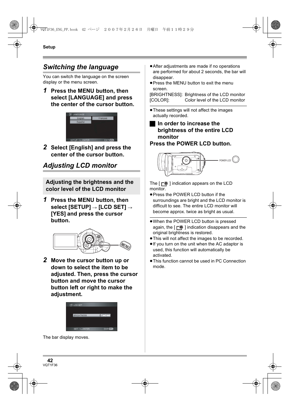 Switching the language adjusting lcd monitor, L 42), Switching the language | Adjusting lcd monitor 1 | Panasonic AG-HSC1UP User Manual | Page 42 / 140