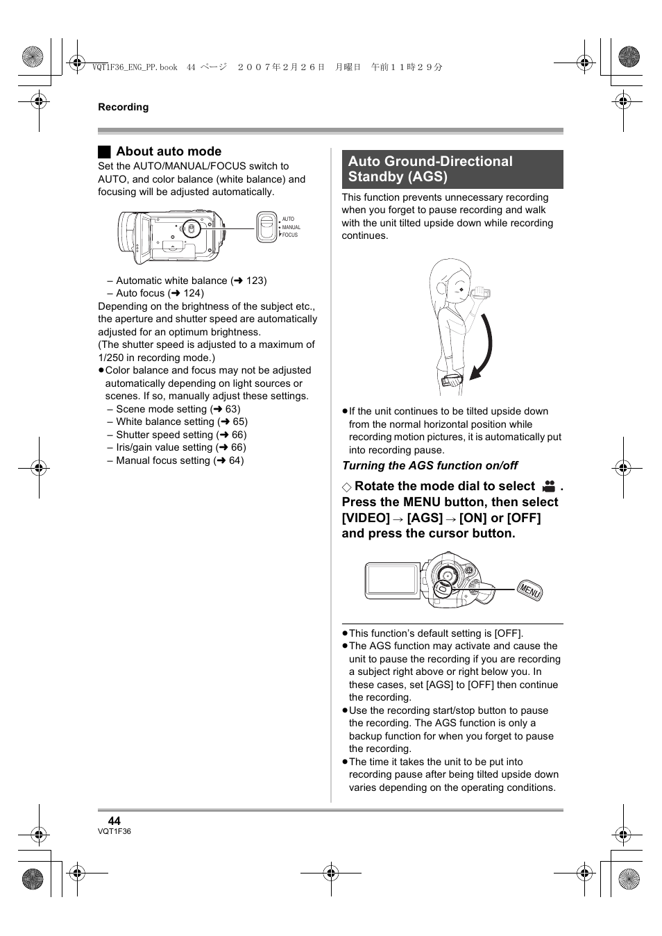 Auto ground-directional standby, Ags), L 44 | L 44), Auto ground-directional standby (ags), ª about auto mode, On] or [off, And press the cursor button | Panasonic AG-HSC1UP User Manual | Page 44 / 140