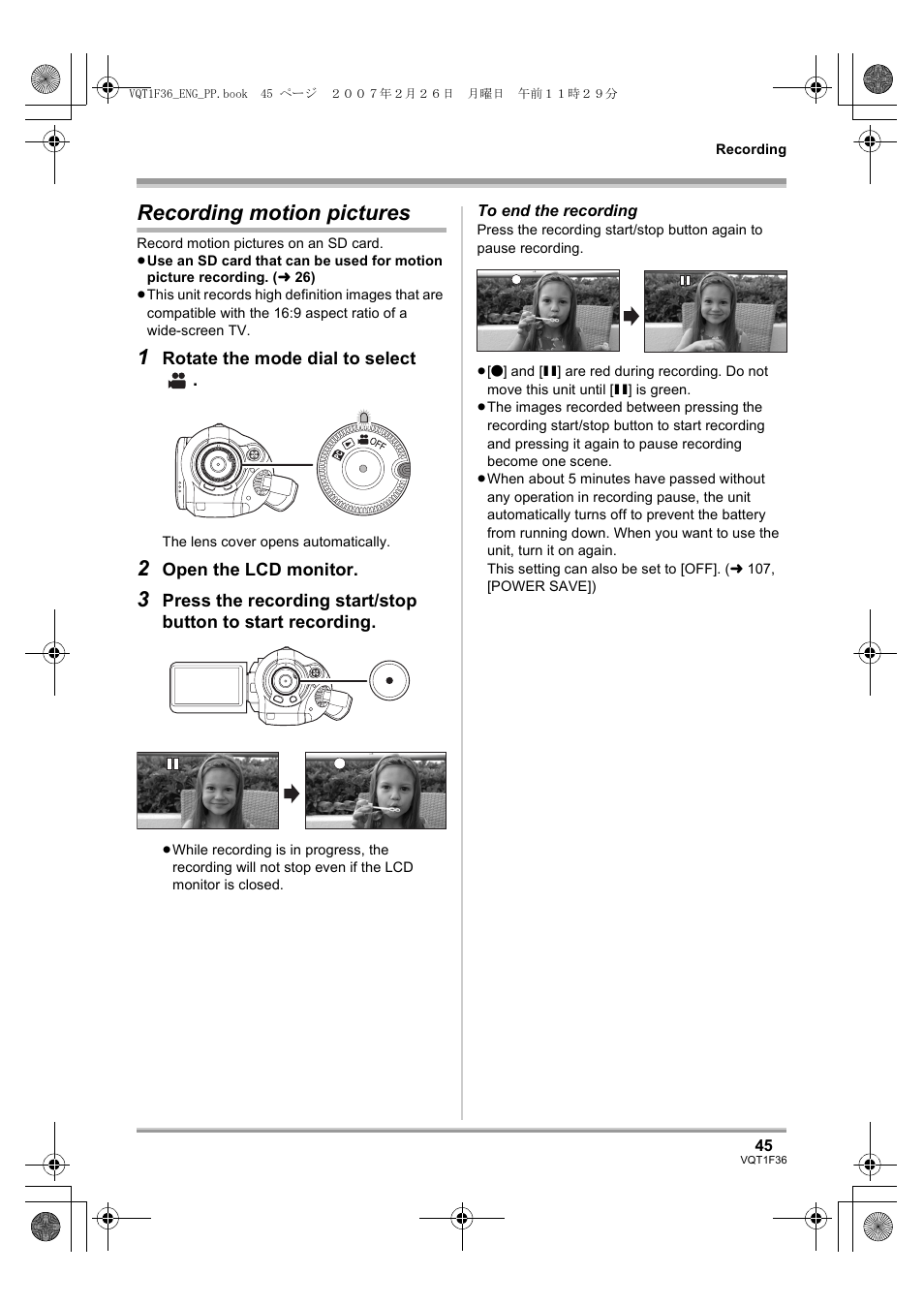 Recording motion pictures, L 45), L 45 | Panasonic AG-HSC1UP User Manual | Page 45 / 140