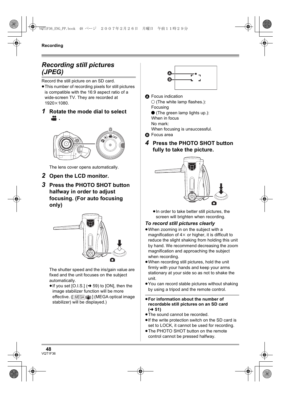Recording still pictures (jpeg), L 48) | Panasonic AG-HSC1UP User Manual | Page 48 / 140