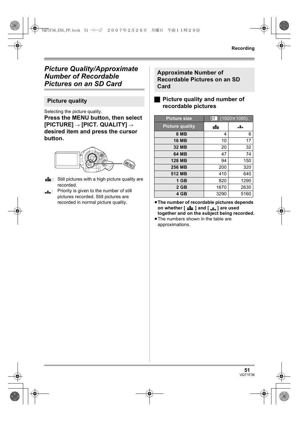 Picture quality/approximate, Number of recordable pictures on an sd card | Panasonic AG-HSC1UP User Manual | Page 51 / 140