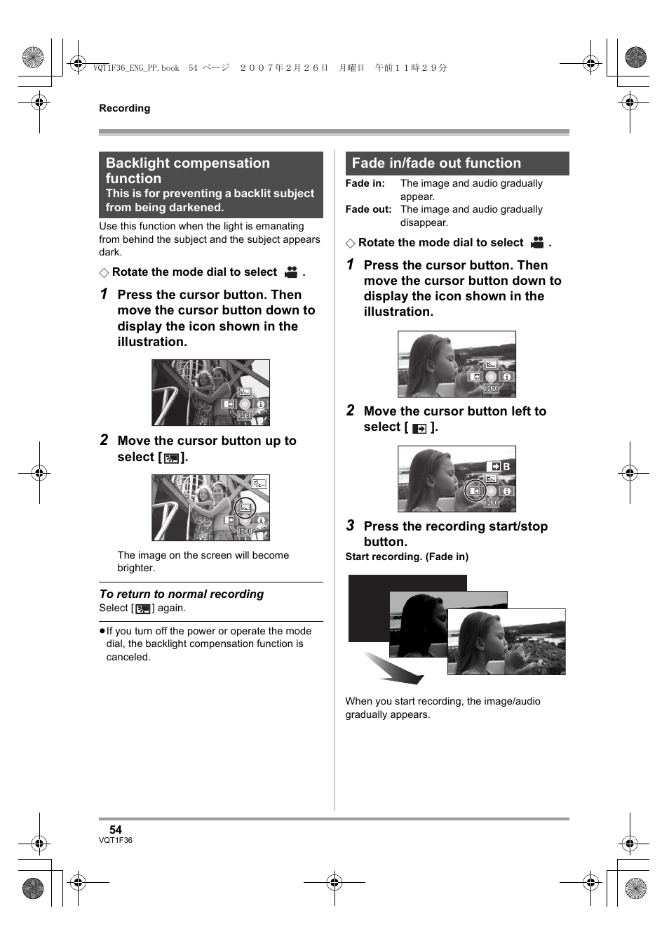 Backlight compensation function, Fade in/fade out function | Panasonic AG-HSC1UP User Manual | Page 54 / 140