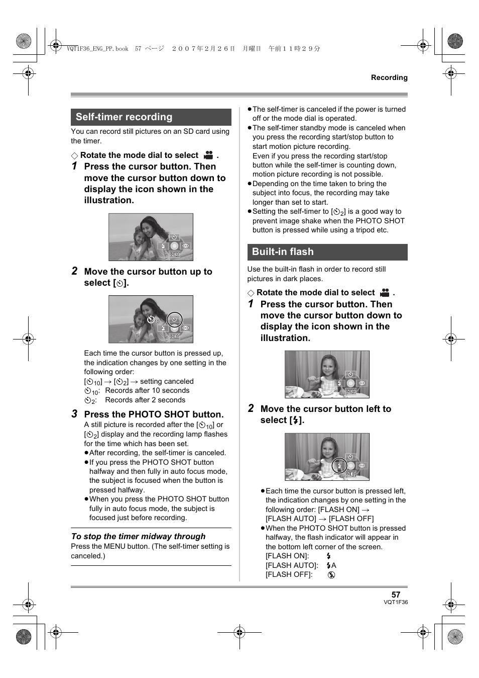 Self-timer recording built-in flash, L 57) | Panasonic AG-HSC1UP User Manual | Page 57 / 140