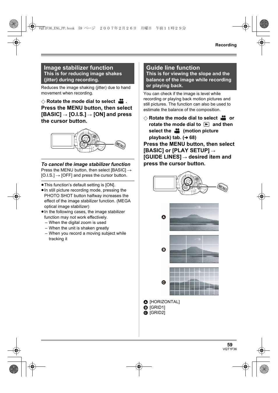Image stabilizer function guide line function, L 59), Image stabilizer function | Guide line function | Panasonic AG-HSC1UP User Manual | Page 59 / 140