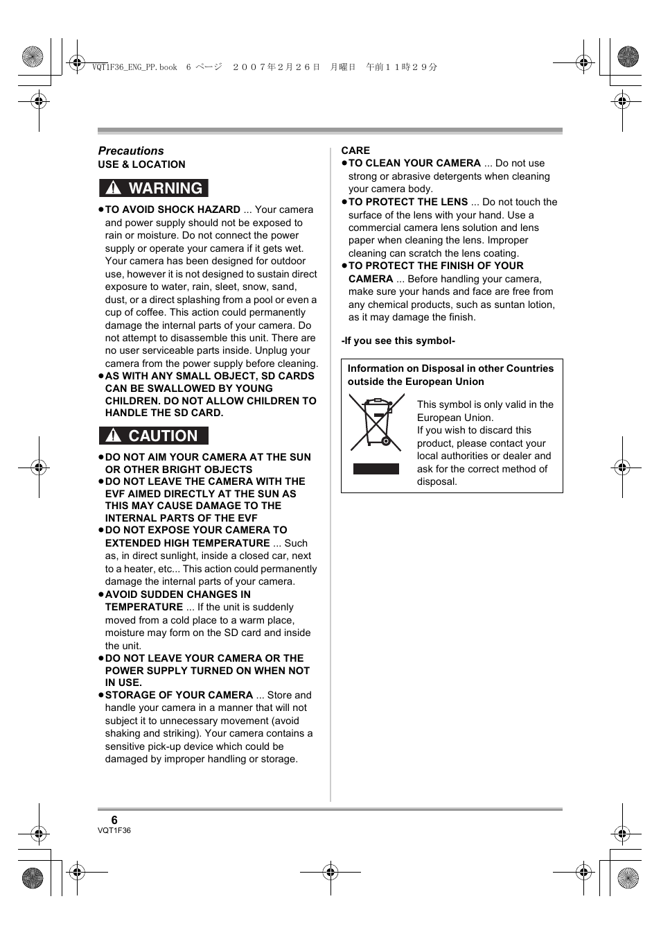 Warning caution | Panasonic AG-HSC1UP User Manual | Page 6 / 140