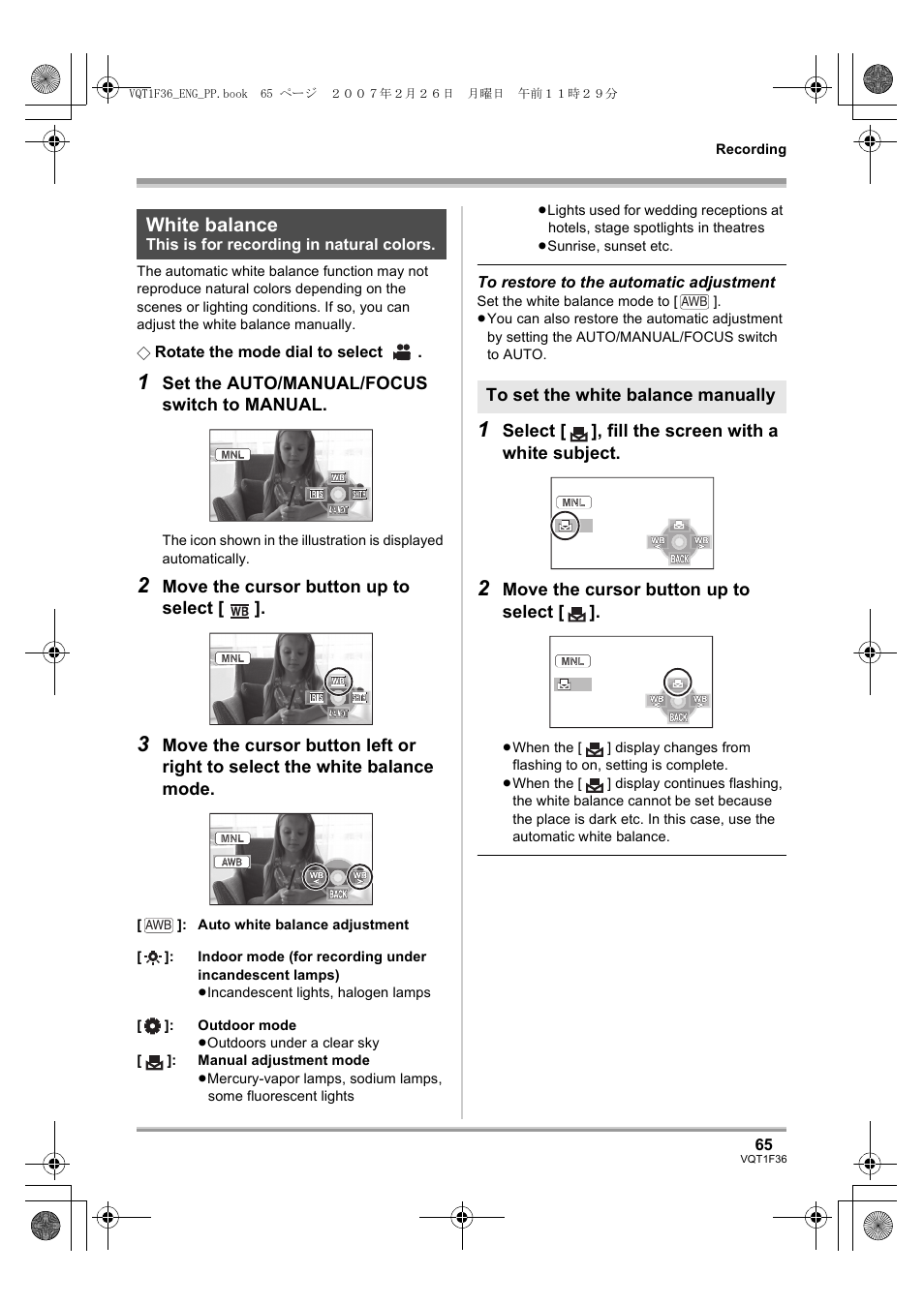 White balance, Ing (l 65) | Panasonic AG-HSC1UP User Manual | Page 65 / 140