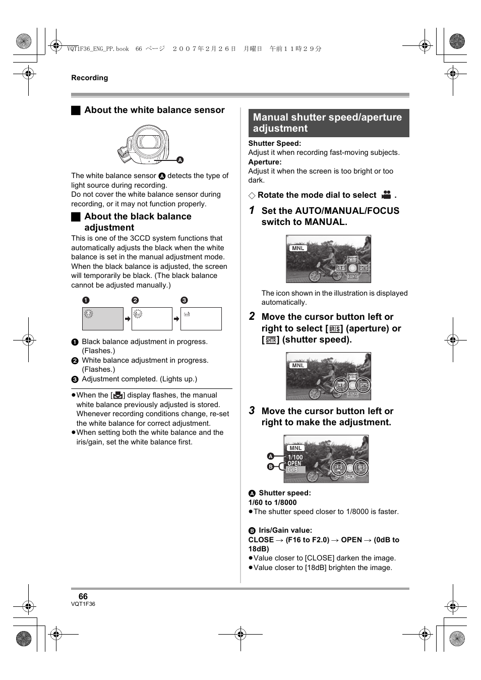 Manual shutter speed/aperture, Adjustment, L 66) | Manual shutter speed/aperture adjustment | Panasonic AG-HSC1UP User Manual | Page 66 / 140