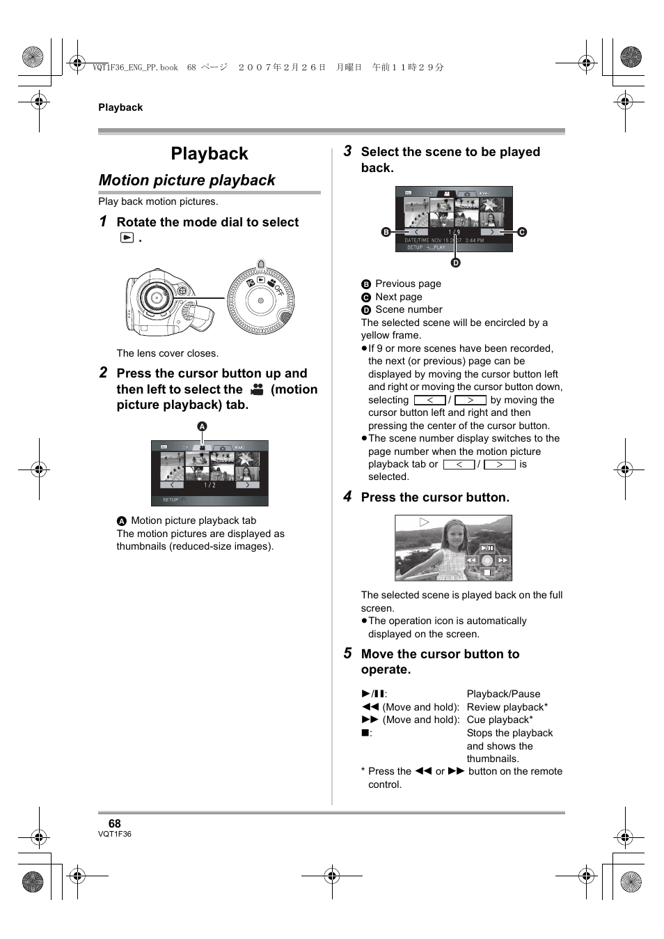 Playback, Motion picture playback, L 68 | Panasonic AG-HSC1UP User Manual | Page 68 / 140
