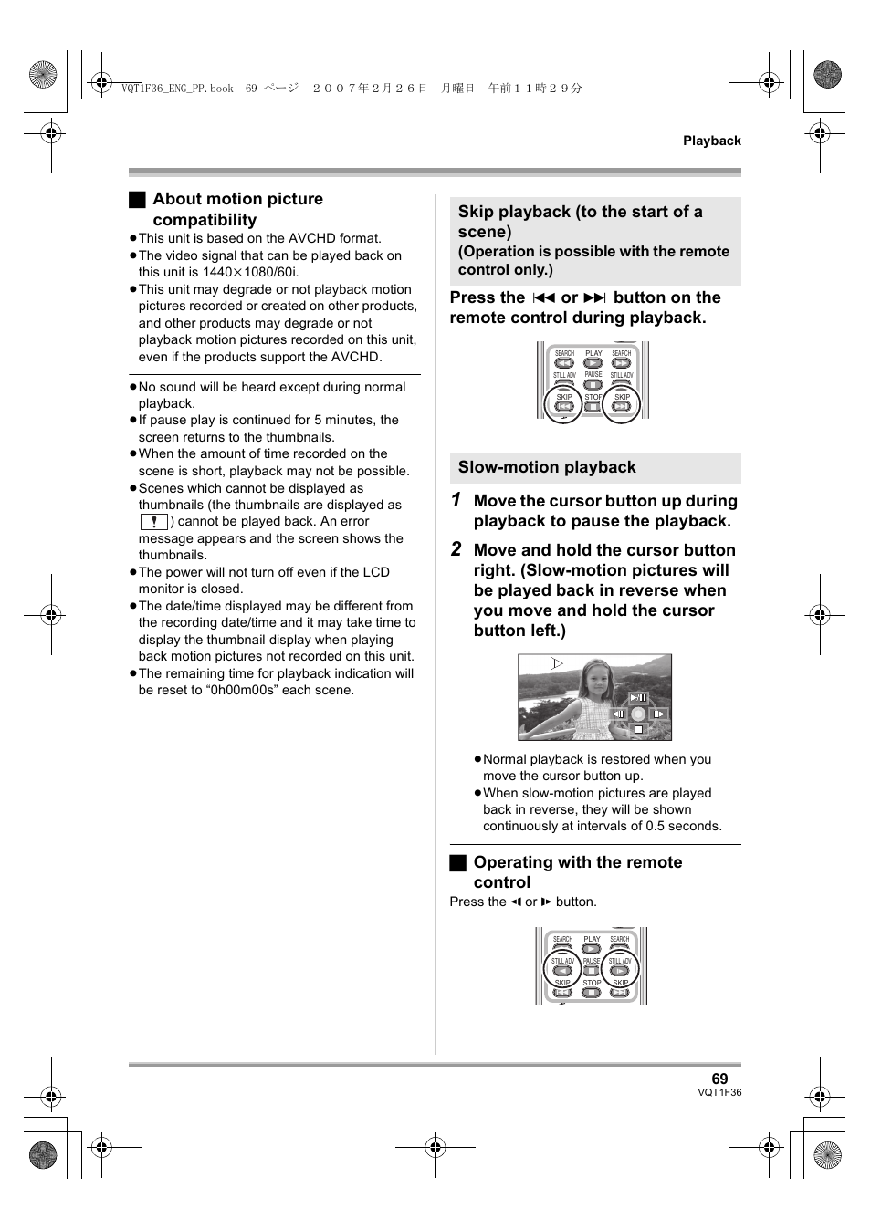ª about motion picture compatibility, Press the, Button on the remote control during playback | ª operating with the remote control, Skip playback (to the start of a scene), Slow-motion playback | Panasonic AG-HSC1UP User Manual | Page 69 / 140