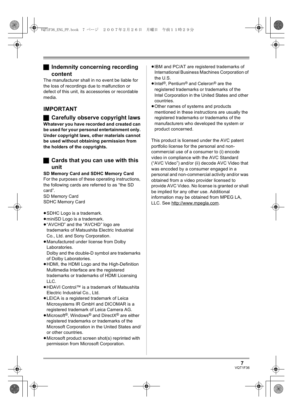 ª indemnity concerning recording content, Important ª carefully observe copyright laws, ª cards that you can use with this unit | Panasonic AG-HSC1UP User Manual | Page 7 / 140