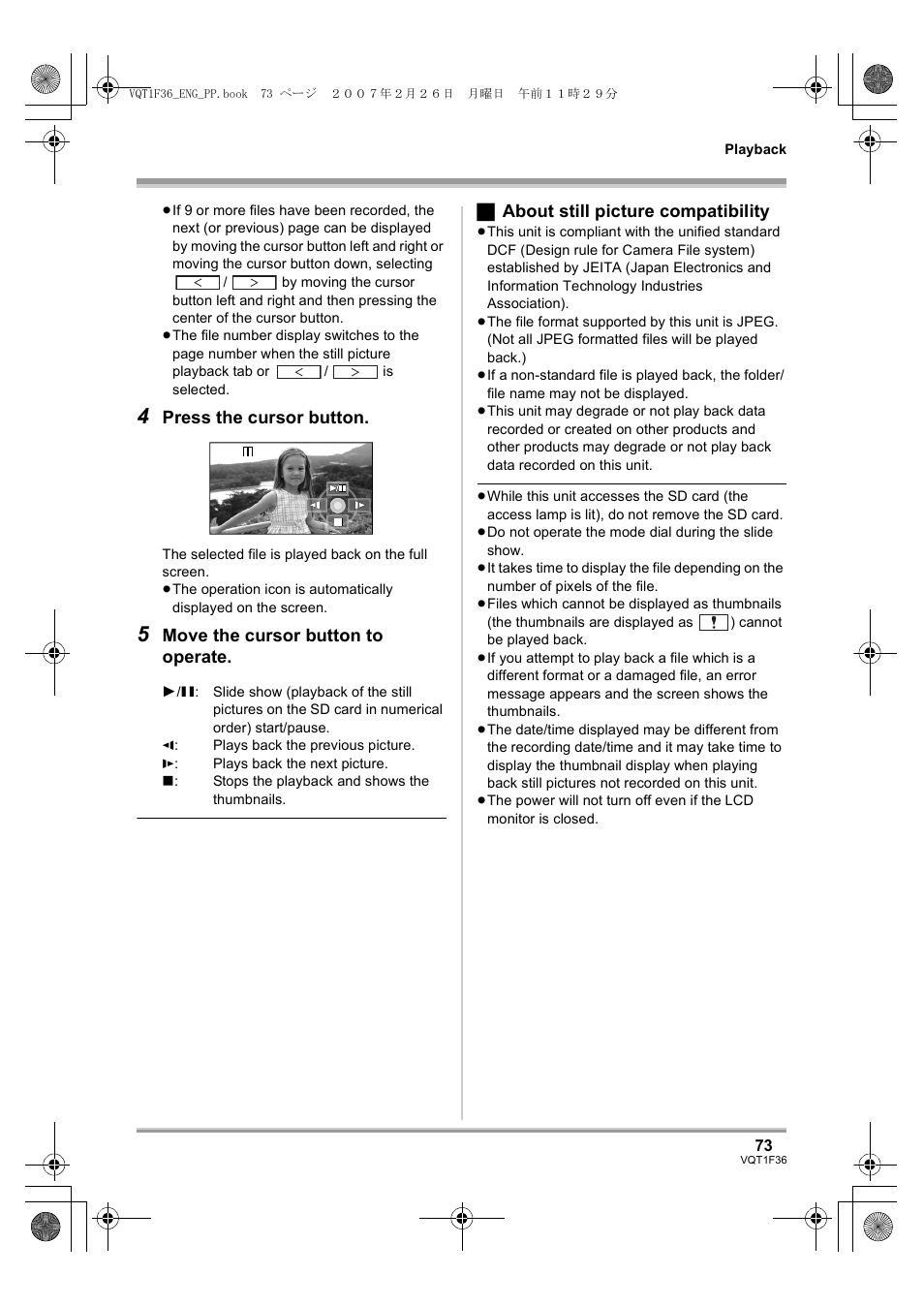 Press the cursor button, Move the cursor button to operate, ª about still picture compatibility | Panasonic AG-HSC1UP User Manual | Page 73 / 140