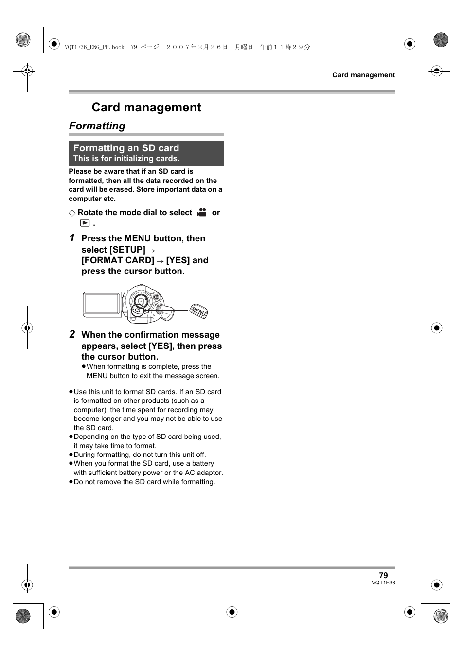 Card management, Formatting, Formatting an sd card | L 79) | Panasonic AG-HSC1UP User Manual | Page 79 / 140