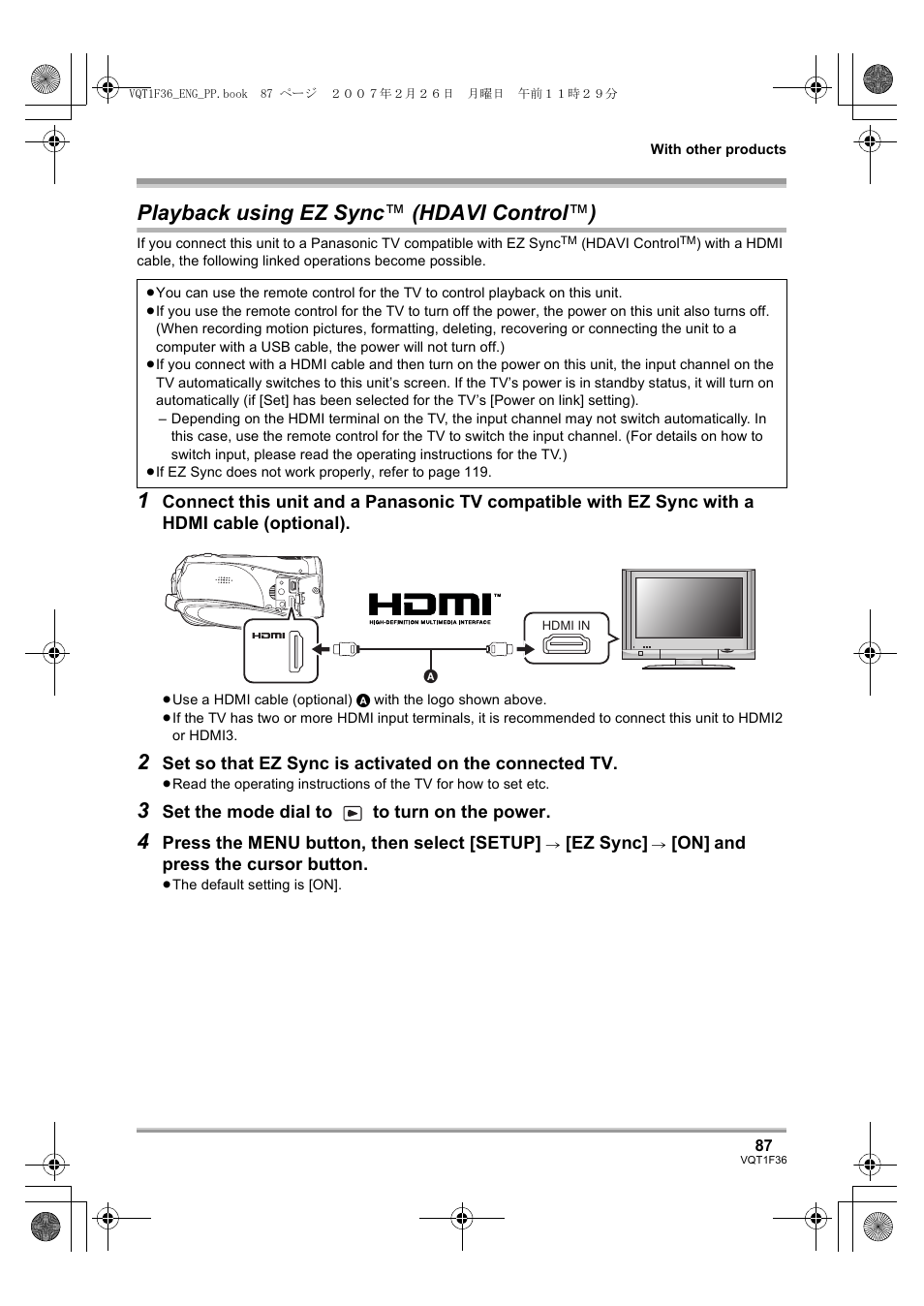 Playback using ez sync, Hdavi control™), L 87 | Playback using ez sync ™ (hdavi control ™ ) | Panasonic AG-HSC1UP User Manual | Page 87 / 140