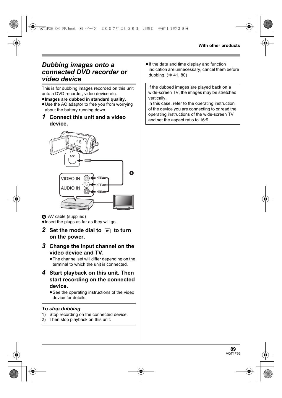 Dubbing images onto a connected, Dvd recorder or video device | Panasonic AG-HSC1UP User Manual | Page 89 / 140