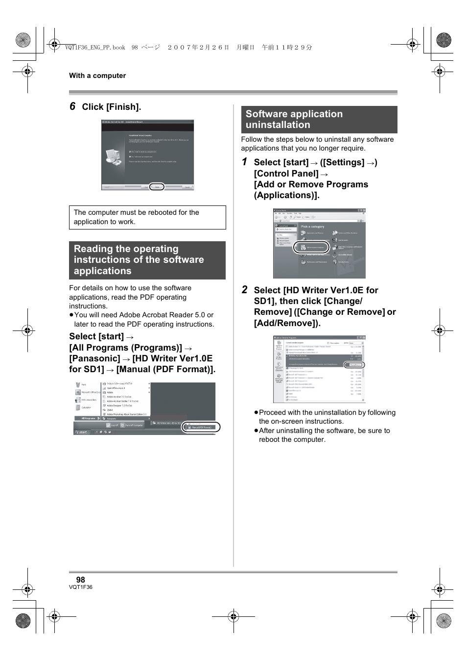 Reading the operating instructions, Of the software applications, Software application uninstallation | Panasonic AG-HSC1UP User Manual | Page 98 / 140