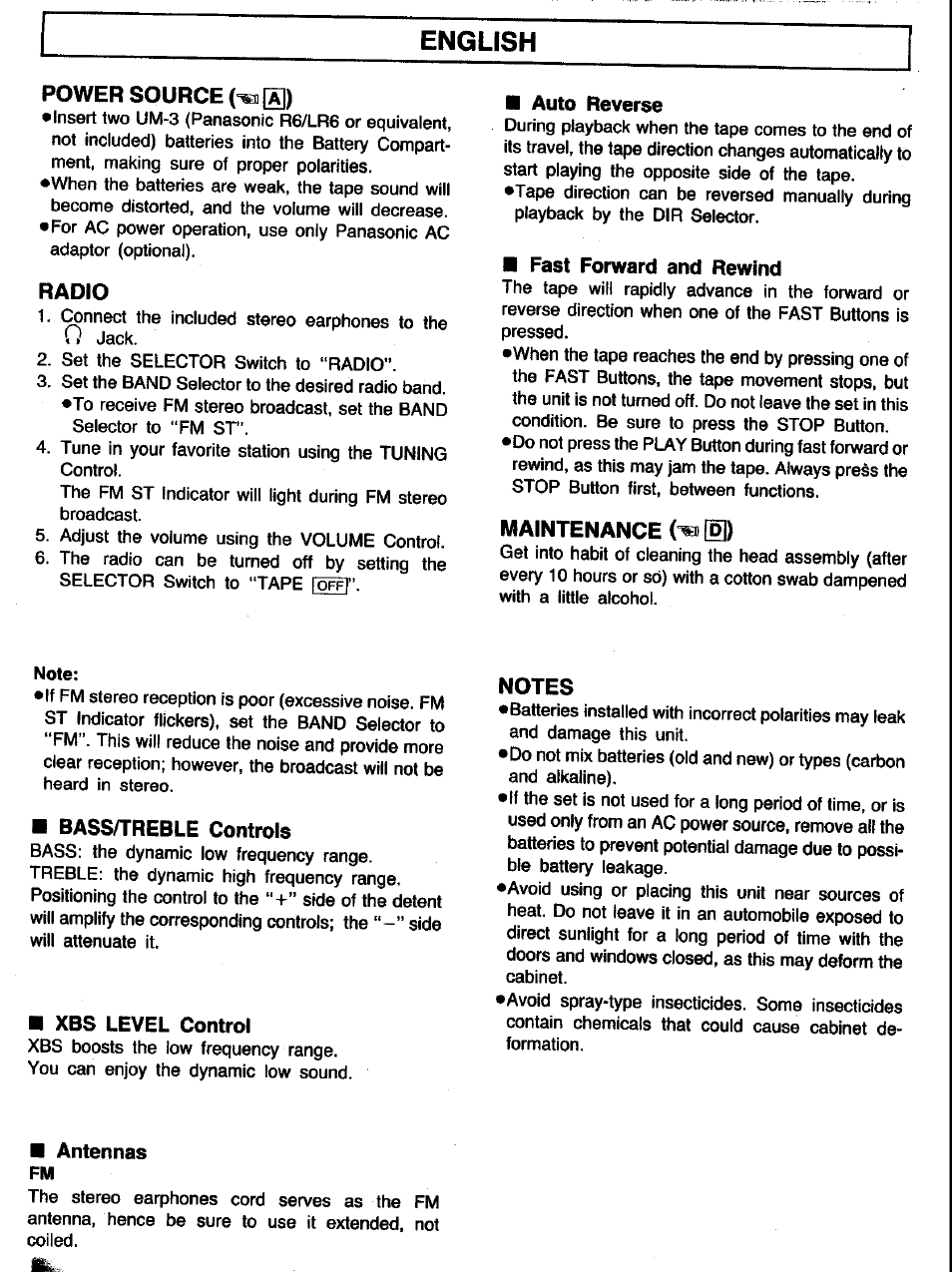 English, Power source, Radio | Auto reverse, Fast forward and rewind, Maintenance h), Bass/treble controls, Xbs level control, Notes, Antennas | Panasonic RQ-V153 User Manual | Page 2 / 4