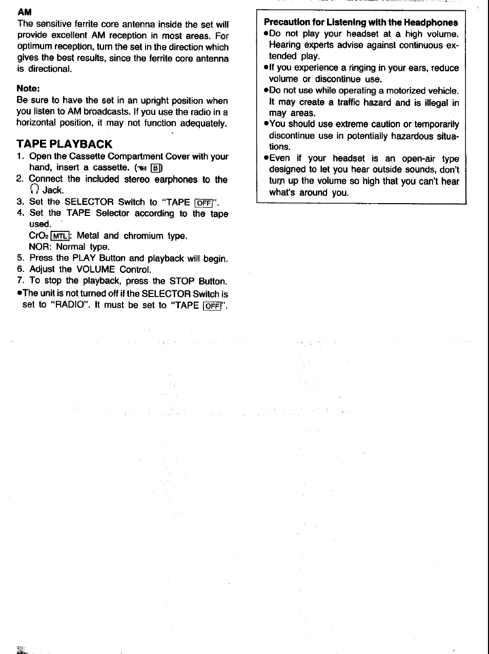 Note, Tape playback | Panasonic RQ-V153 User Manual | Page 3 / 4