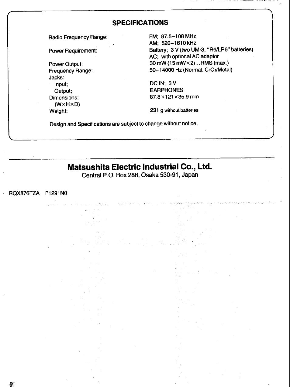 Matsushita electric industrial co., ltd, Central p.o. box 288, osaka 530-91, japan, Specifications | Panasonic RQ-V153 User Manual | Page 4 / 4