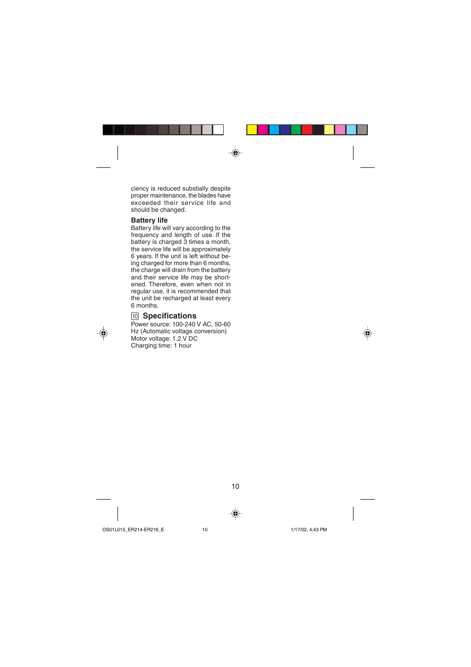 0 specifications | Panasonic ER214/216 User Manual | Page 10 / 62