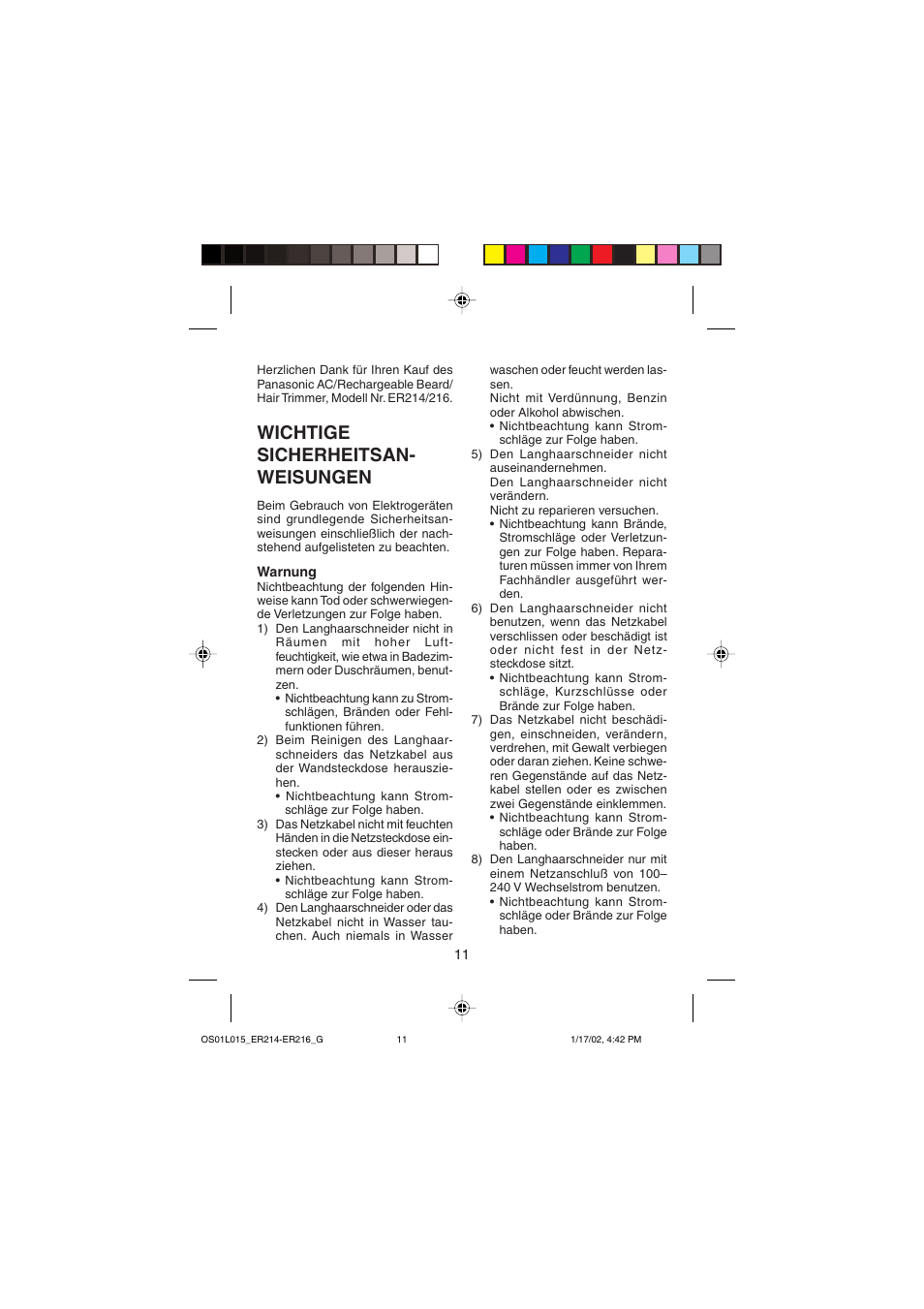 Wichtige sicherheitsan- weisungen | Panasonic ER214/216 User Manual | Page 11 / 62
